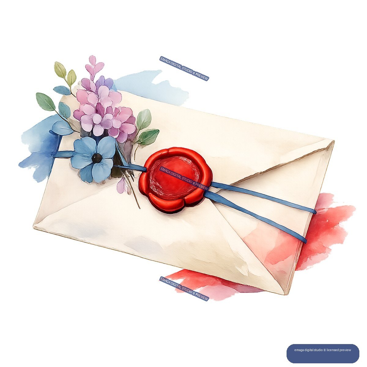 Cream envelope with a red wax seal, blue ribbon, and bouquet of pink, purple, and blue flowers.