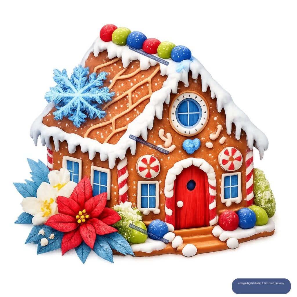 Decorated gingerbread house with white icing, colorful candies, blue snowflake, red door, and holiday flowers.