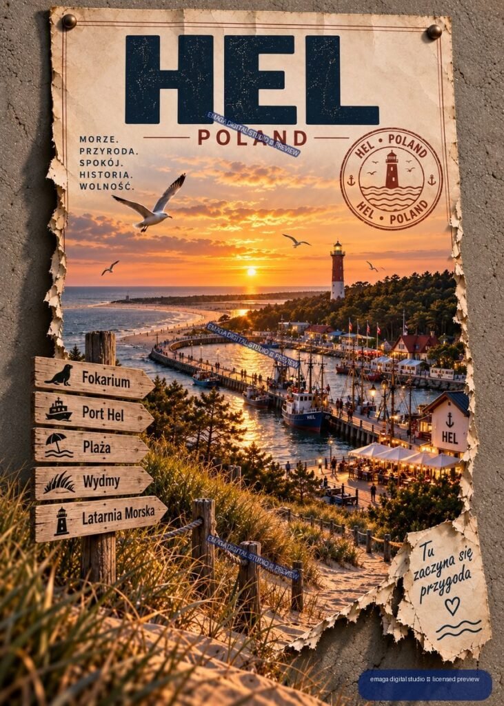 Vintage-style Hel, Poland travel poster showing a sunset harbor, lighthouse, boats, beach, dunes, gulls, and large HEL POLAND lettering.