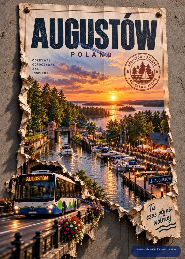Weathered Augustów Poland travel poster showing a sunset lake, boats, marina, canal bridge, bus, forest, and bold destination lettering.