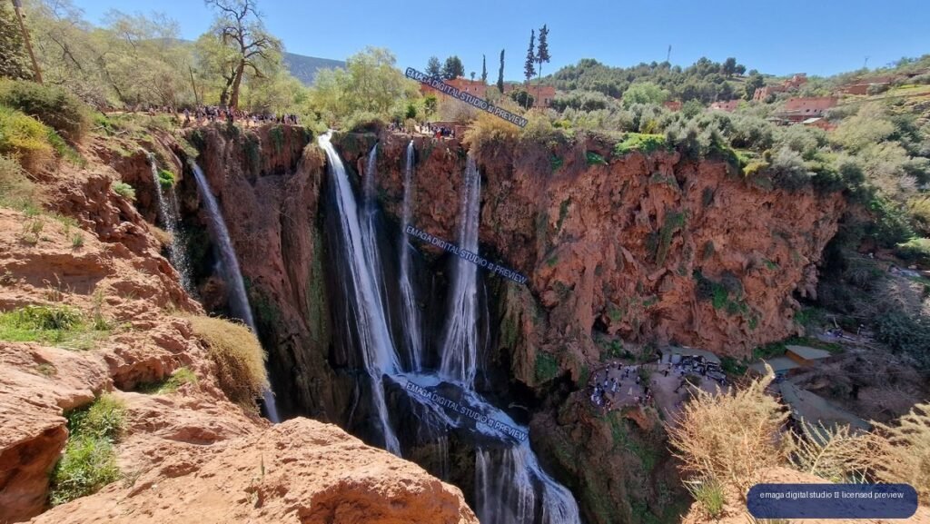 Ouzoud Waterfalls, Morocco with Cascading Falls and Red Cliffs