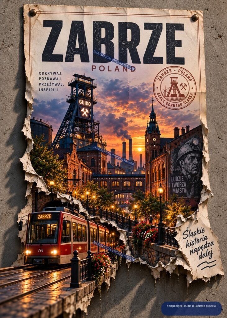 Vintage-style Zabrze Poland travel poster showing an industrial city at sunset, tram, mining tower, clock tower, and torn paper edges.