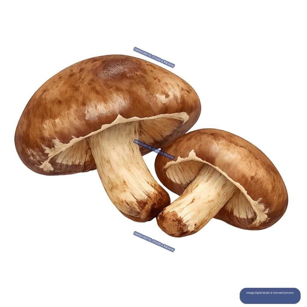 Two illustrated brown mushrooms with cream stems and visible gills, arranged diagonally as an isolated botanical subject.