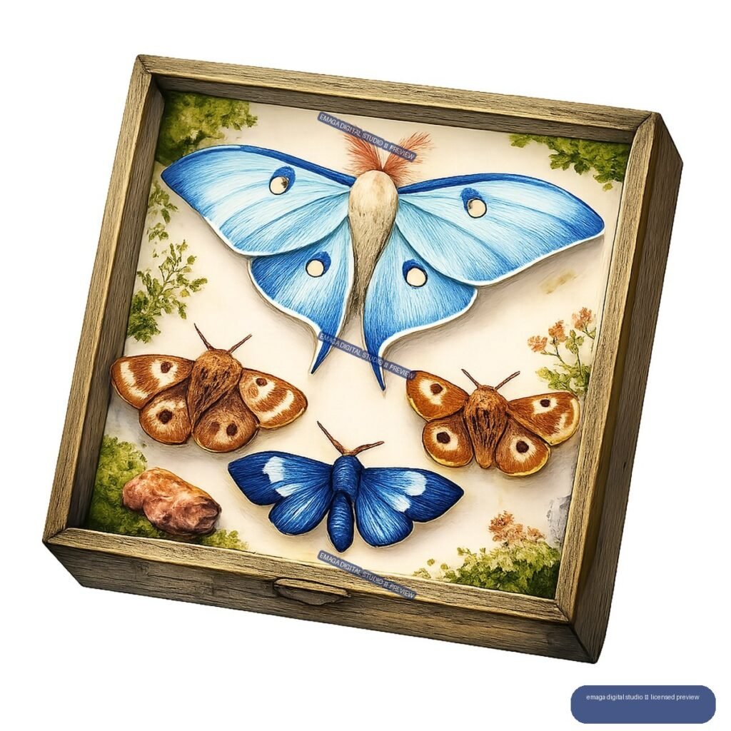 Tilted wooden frame containing four illustrated moths in blue and brown, with foliage and dried flowers.