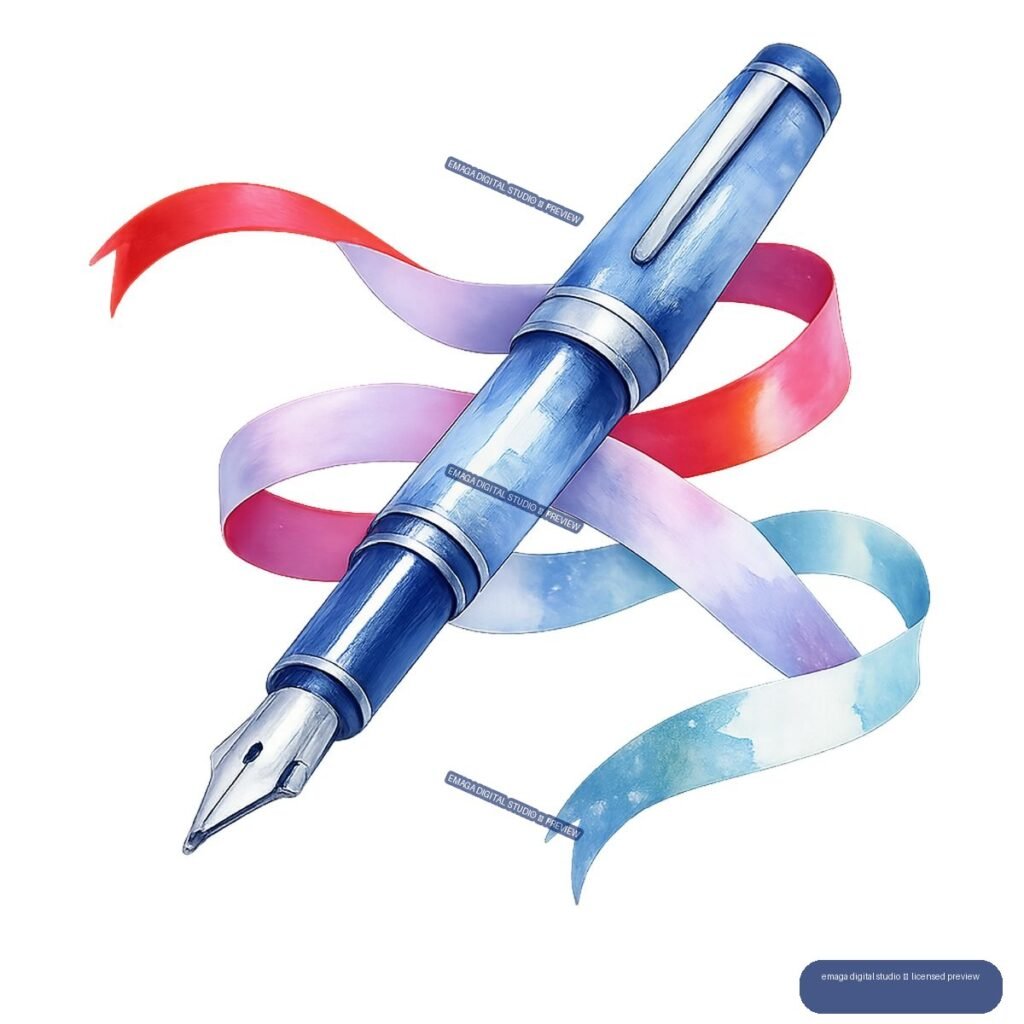 Blue fountain pen with silver nib surrounded by looping red, pink, lavender, and pale blue ribbons.