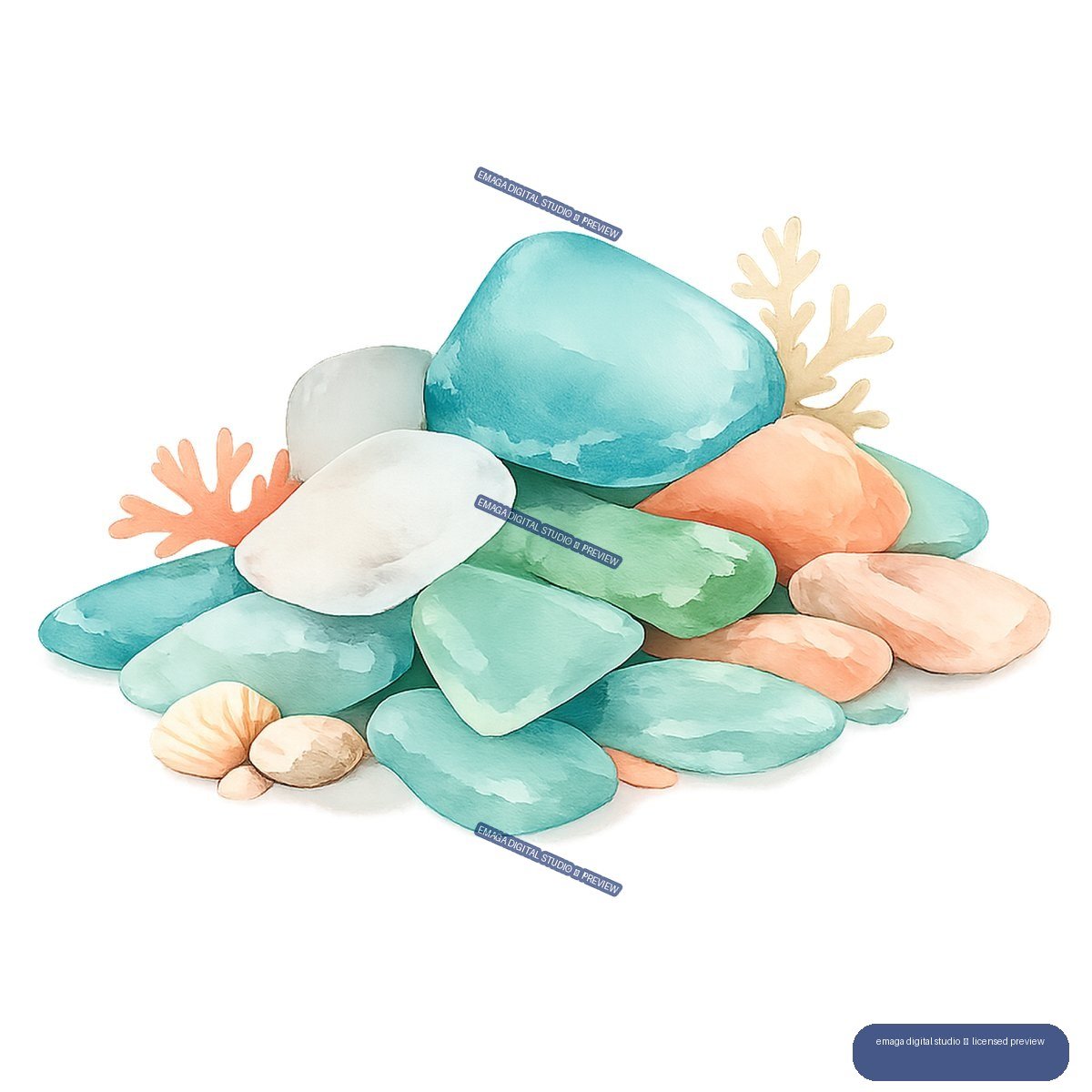 Watercolor illustration of colorful smooth stones, small seashells, and branching coral arranged together.