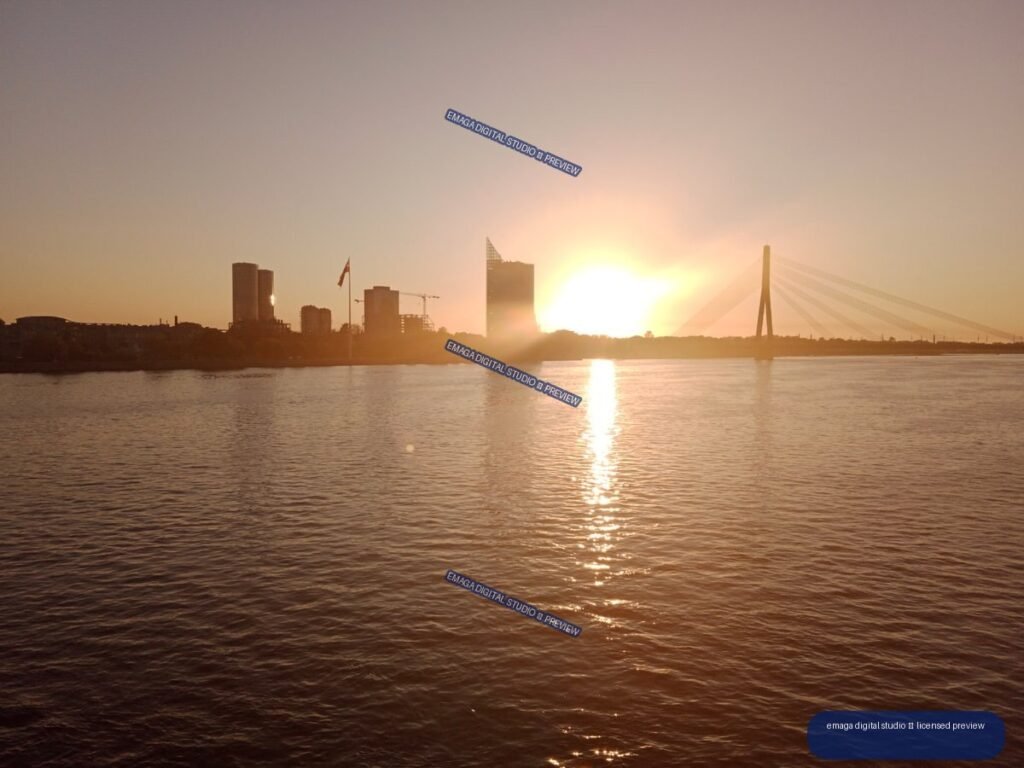 Sunset over the River Daugava and Riga, Latvia skyline