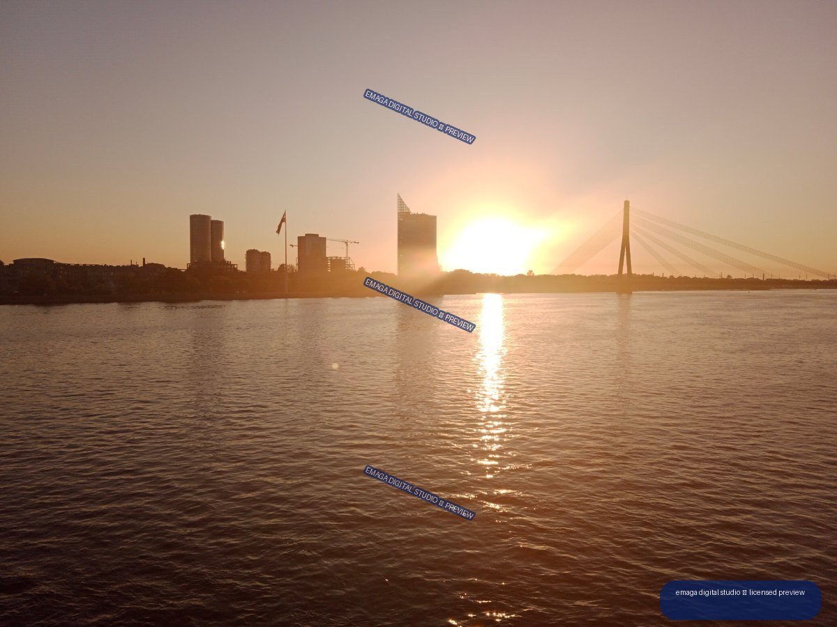 Sunset over the River Daugava and Riga, Latvia skyline