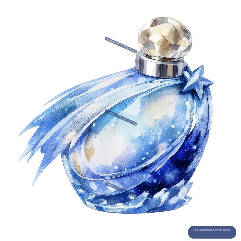 Watercolor-style blue perfume bottle with crystal stopper, star ornament, and flowing icy blue accents.