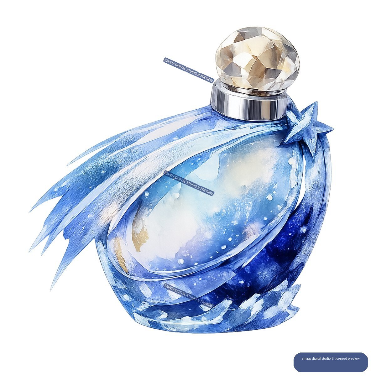 Watercolor-style blue perfume bottle with crystal stopper, star ornament, and flowing icy blue accents.