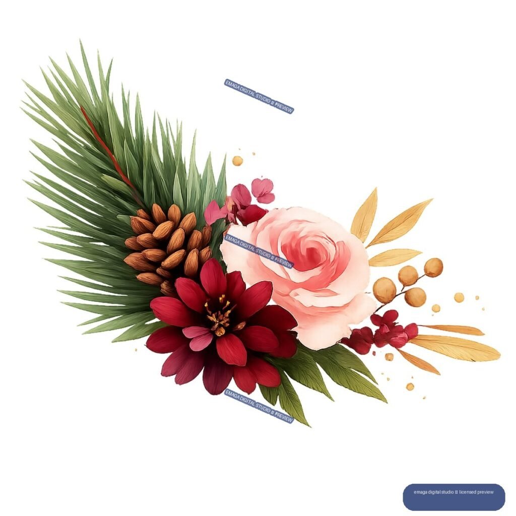 Asymmetrical arrangement of a pink rose, burgundy flower, evergreen foliage, seed pods, golden leaves, and berry-like accents.
