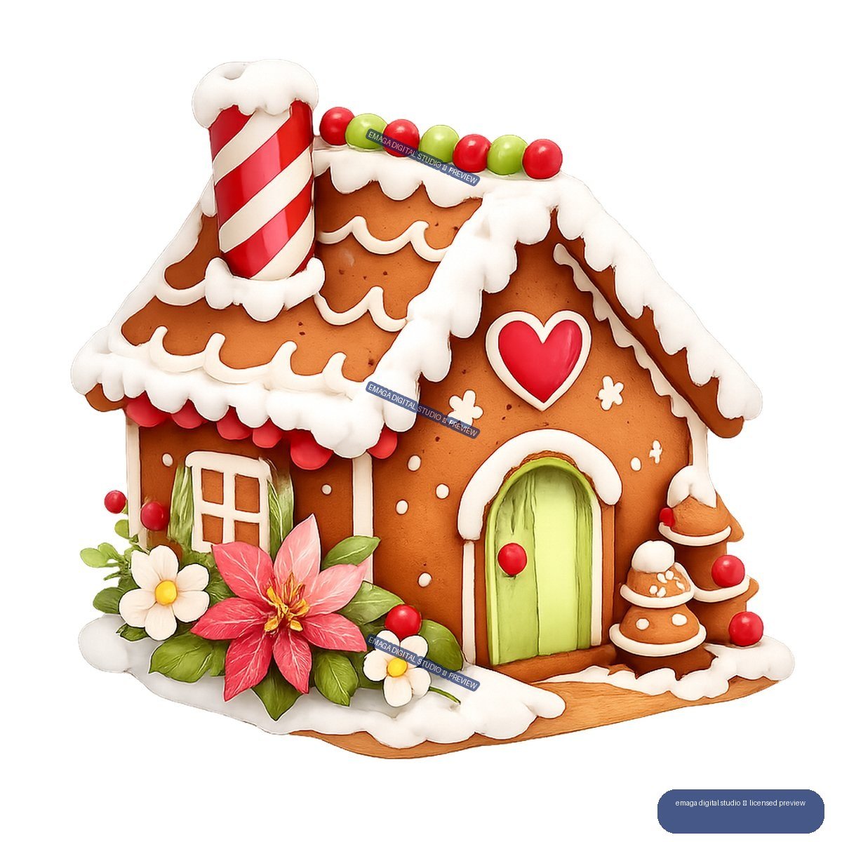 Whimsical decorated gingerbread house with icing, candy cane chimney, colorful candies, flowers, and a small cookie tree.