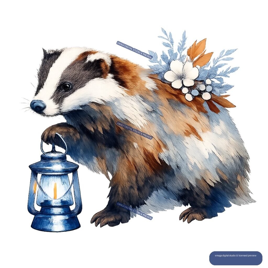 Watercolor-style badger beside a blue lantern, decorated with blue foliage, white flowers, and ochre leaves.