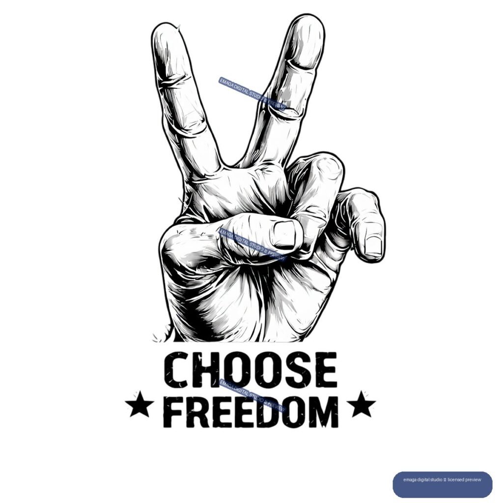 Black-and-white illustrated raised hand making a two-finger gesture above the words “CHOOSE FREEDOM,” with a star on each side.