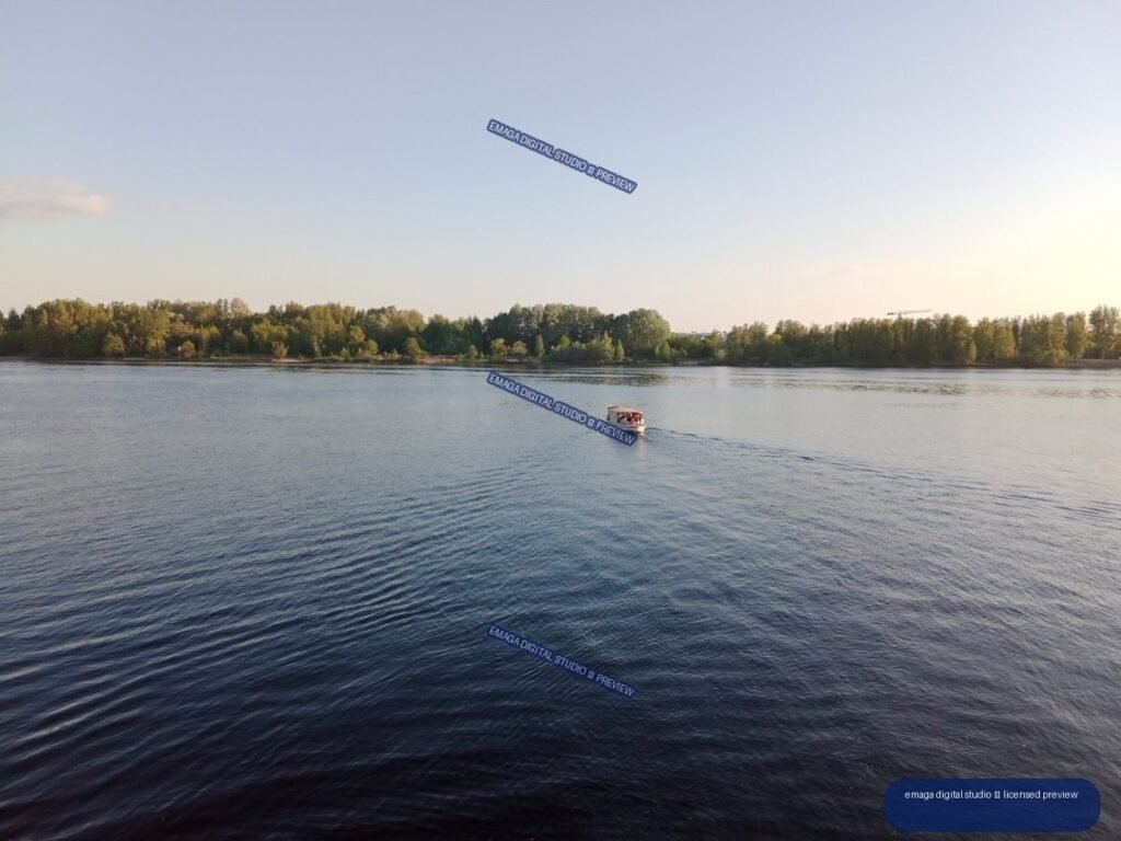 Boat Crossing a River Near Riga, Latvia at Golden Hour