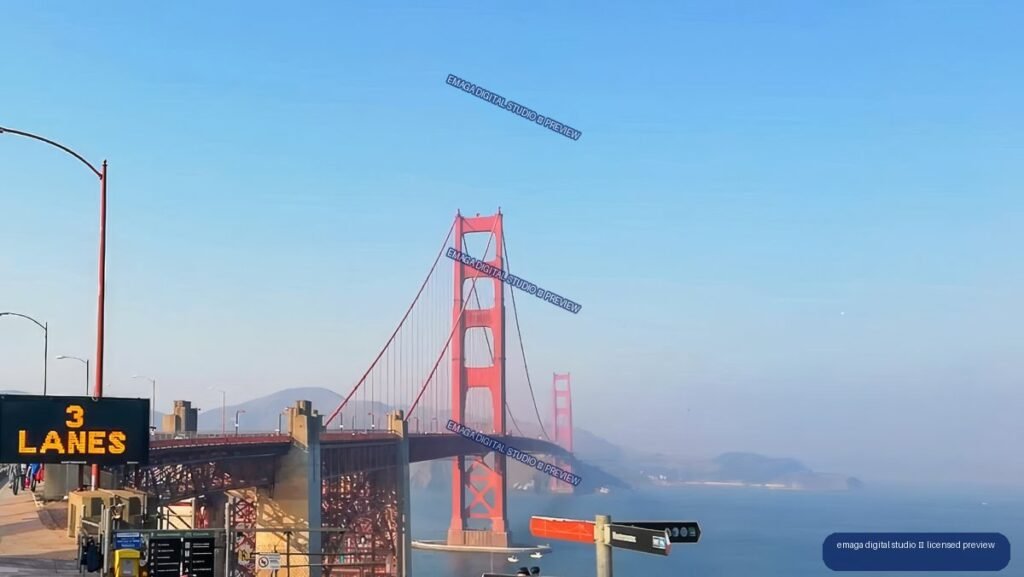 Golden Gate Bridge extending across blue water toward hazy hills, with roadway signs in the foreground.