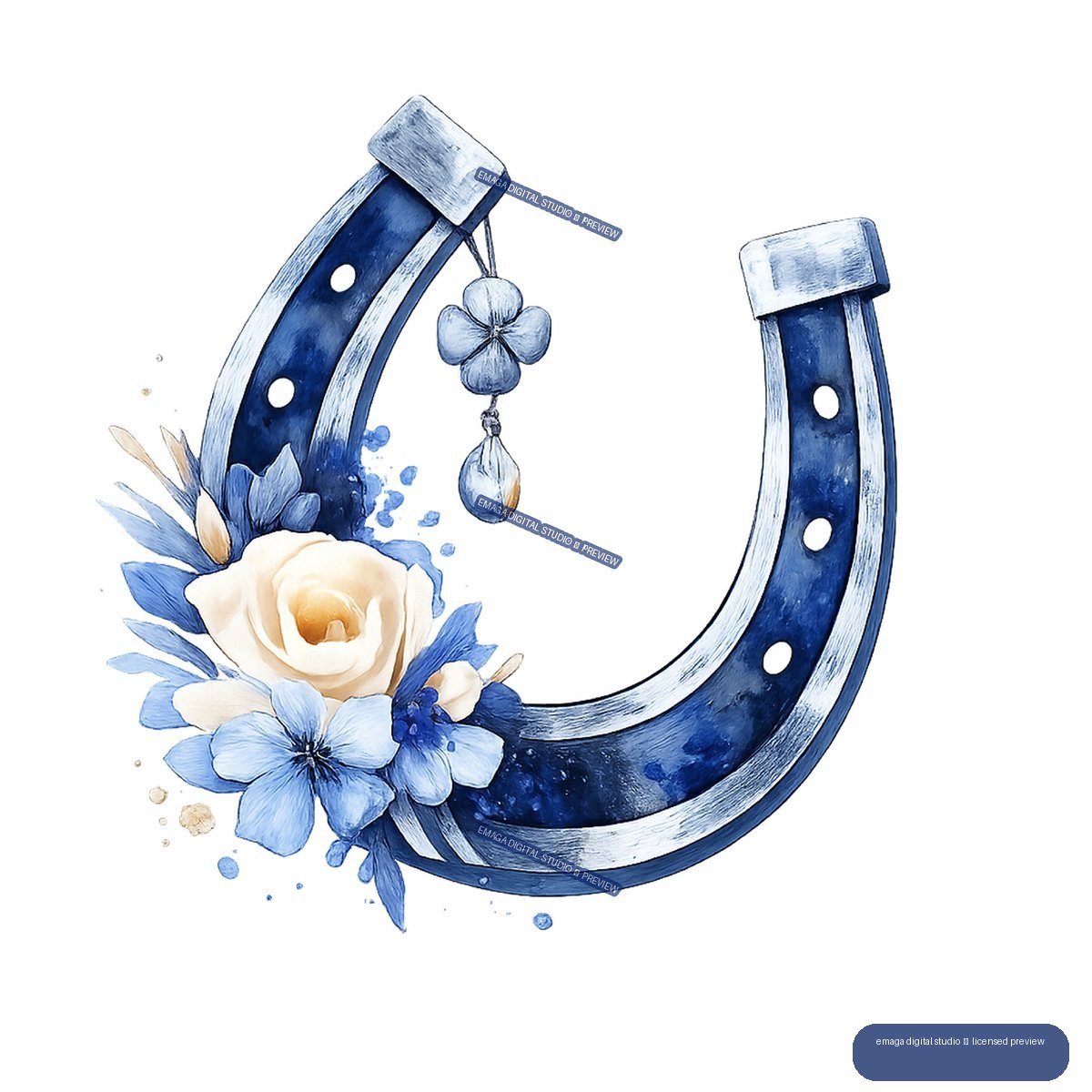 Blue horseshoe decorated with blue and cream flowers, loose petals, and a hanging floral charm.