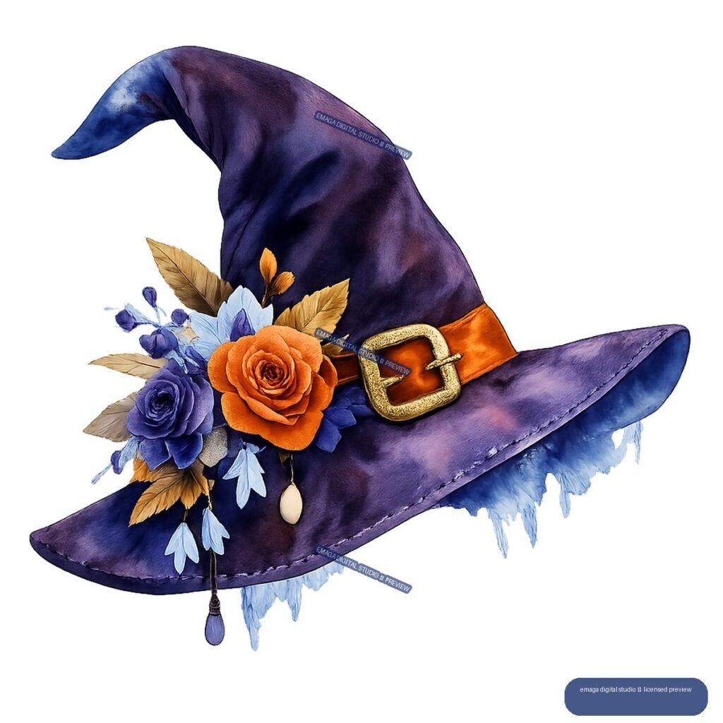 Purple watercolor witch hat with an orange band, gold buckle, and orange, purple, and blue flowers.