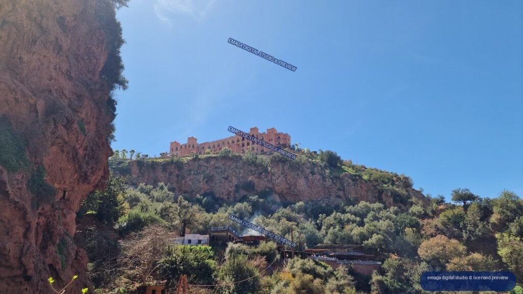 Cliffside Building and Vegetation at Ouzoud Waterfalls, Morocco
