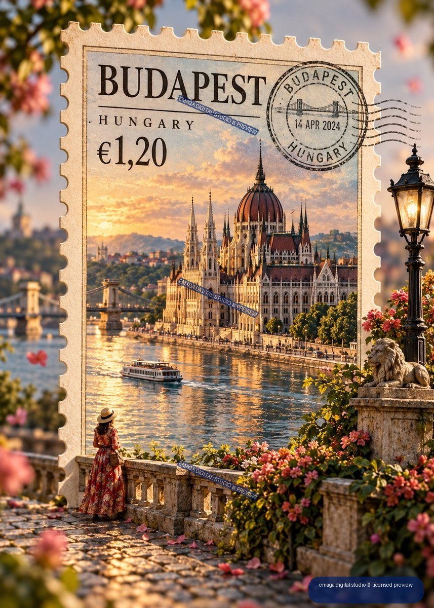 Decorative Budapest postage stamp featuring the Hungarian Parliament Building, Danube River, flowers, streetlamp, and a woman in a patterned dress.