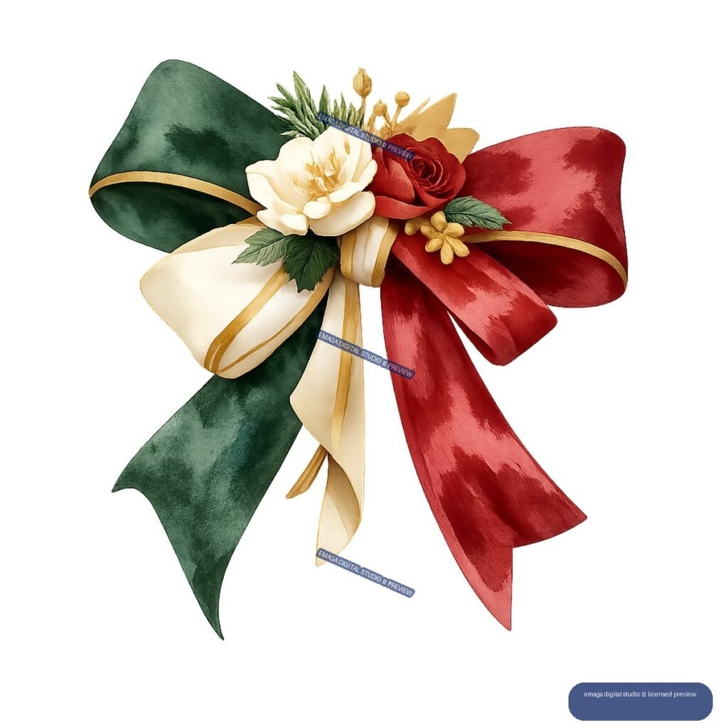 Large festive bow with red and green ribbons, ivory tails, gold trim, flowers, leaves, and evergreen sprigs.