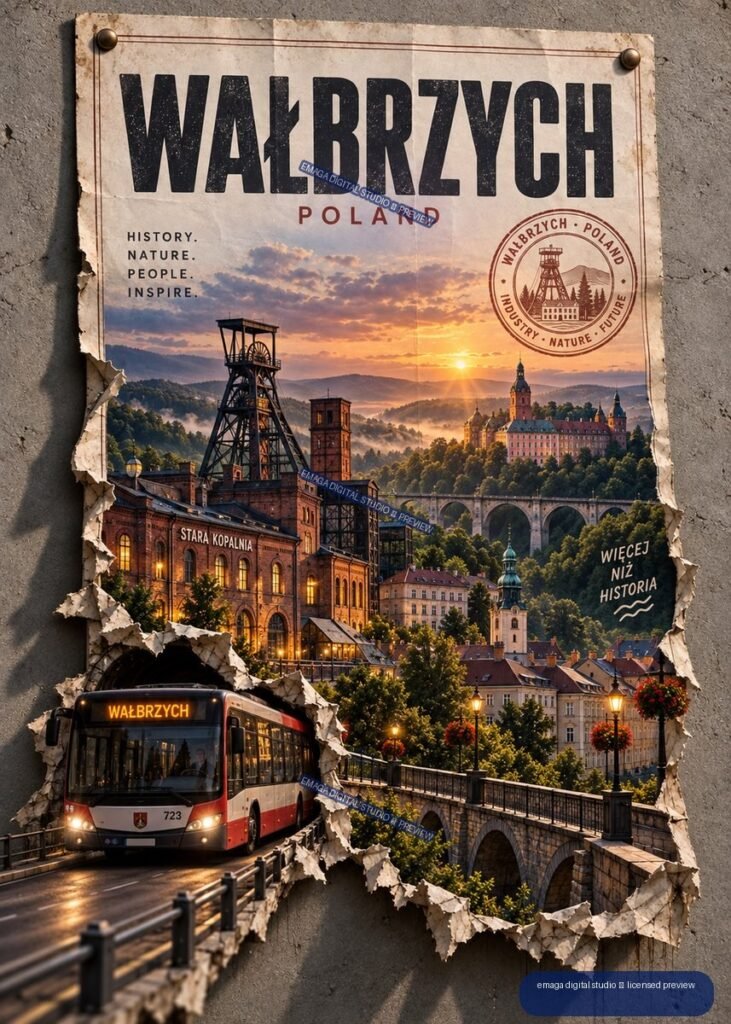 Vintage-style Wałbrzych Poland travel poster showing a sunset cityscape, mine structures, church towers, viaduct, hills, and a red-and-white bus.