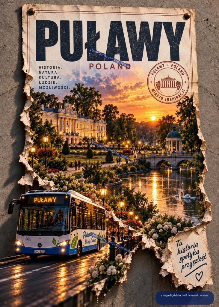 Vintage-style Puławy Poland travel poster showing a palace, gardens, river, bridge, swans, sunset, and city bus.
