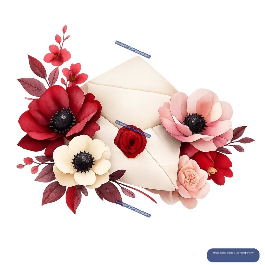 Red, pink, and cream flowers with leafy sprigs arranged around overlapping cream envelopes and a small red rose.