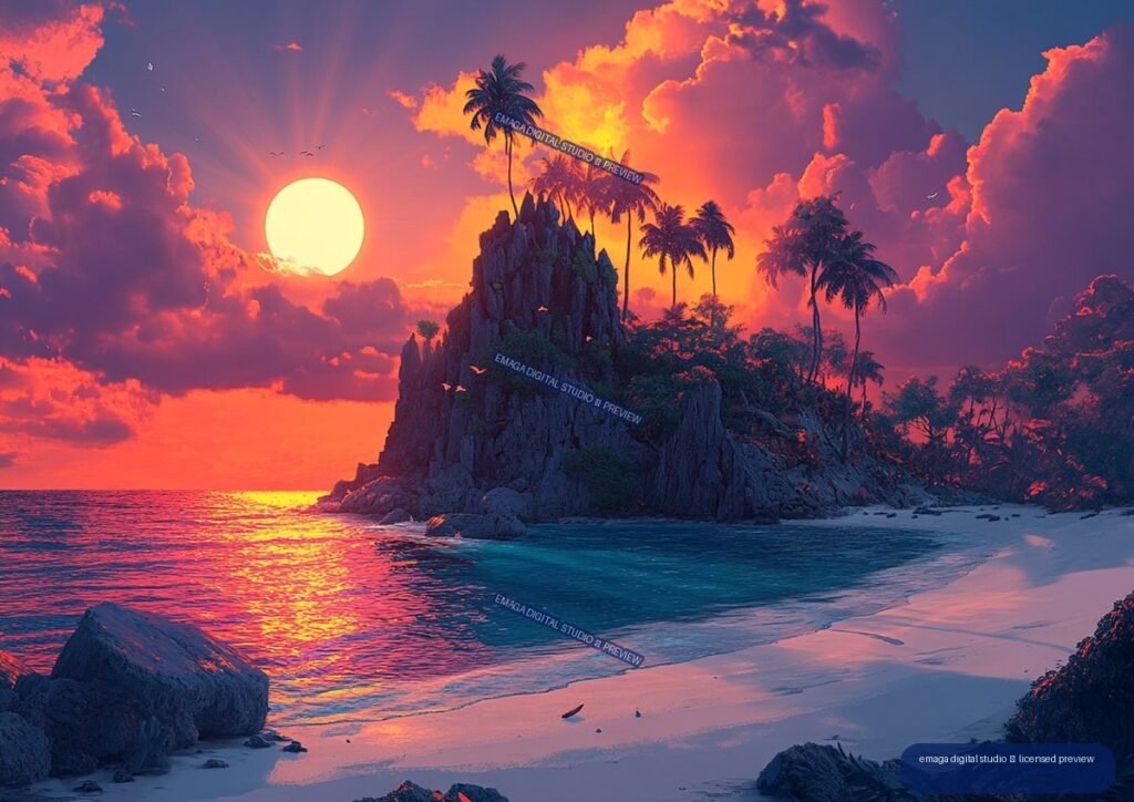 Colorful sunset over a tropical beach, rocky palm-covered island, ocean, and dramatic clouds.