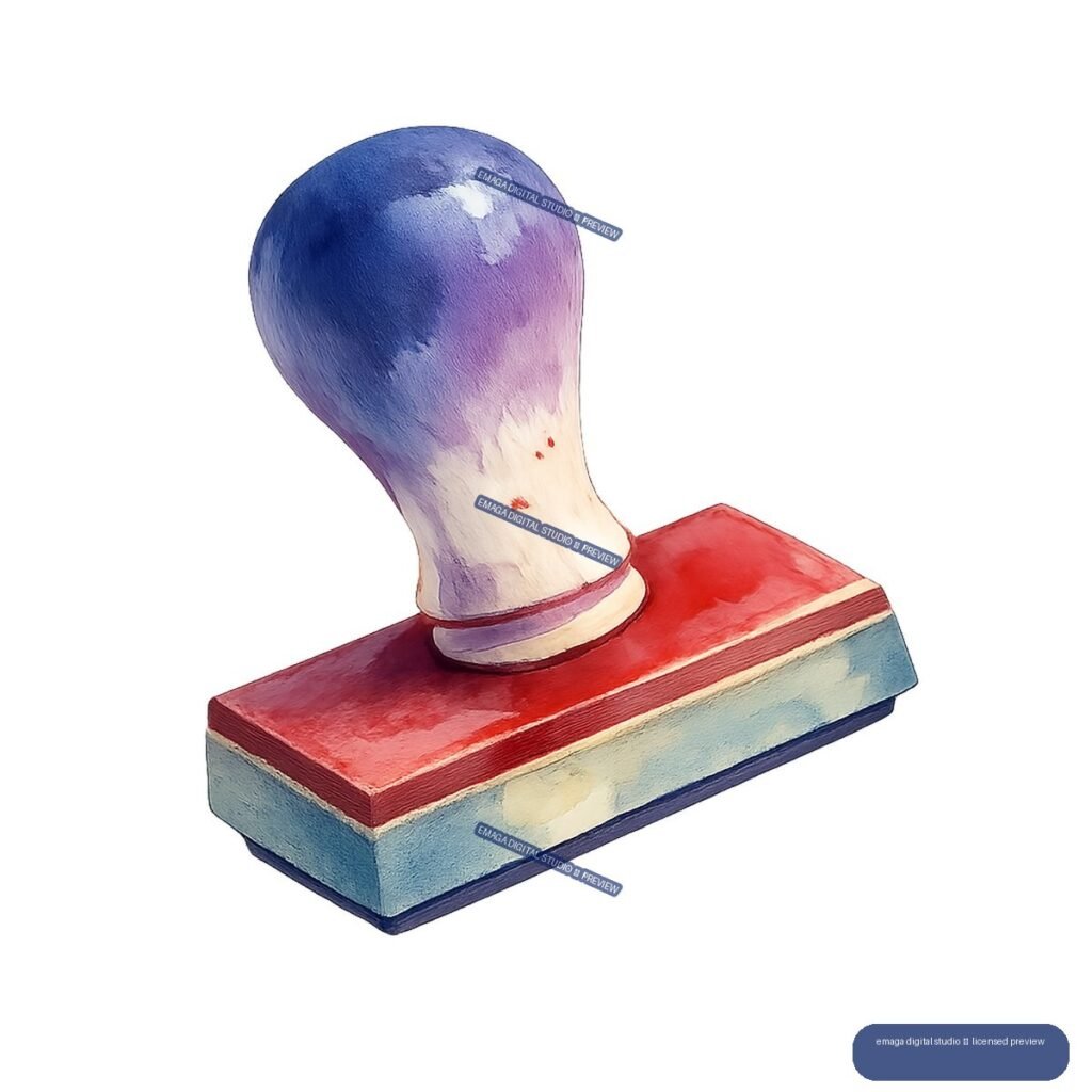 Watercolor illustration of a vintage rubber stamp with a red, cream, and blue base and blue-purple handle.