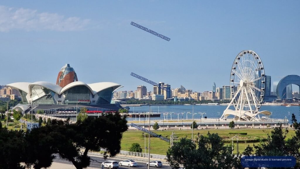 Baku, Azerbaijan Waterfront Skyline with Ferris Wheel and Modern Architecture