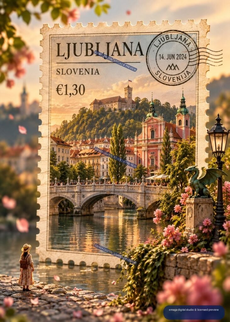 Decorative Ljubljana postage stamp showing Ljubljana Castle, a bridge, river, church, and dragon sculpture in a warm floral city scene.