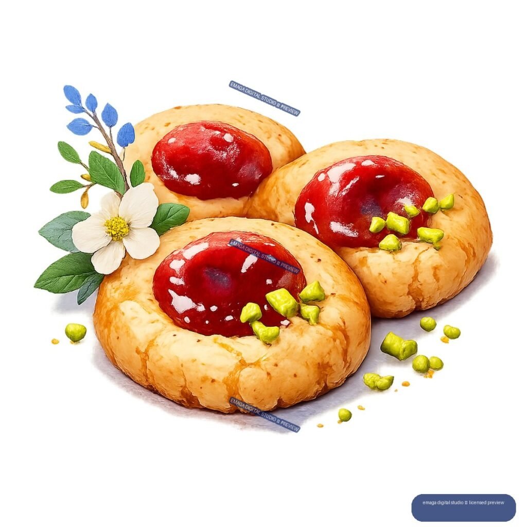 Three golden pastries with glossy red fruit centers, pistachio pieces, and a white flower with leafy botanical garnish.
