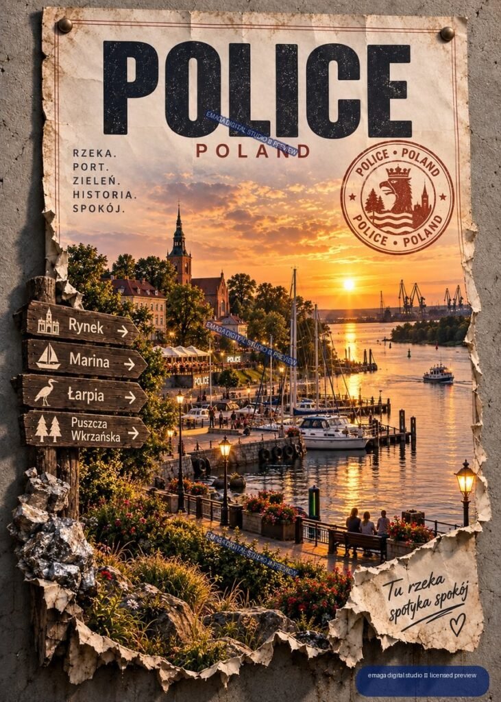 Vintage-style Police Poland travel poster showing a sunset harbor, boats, waterfront buildings, directional signs, and bold POLICE lettering.