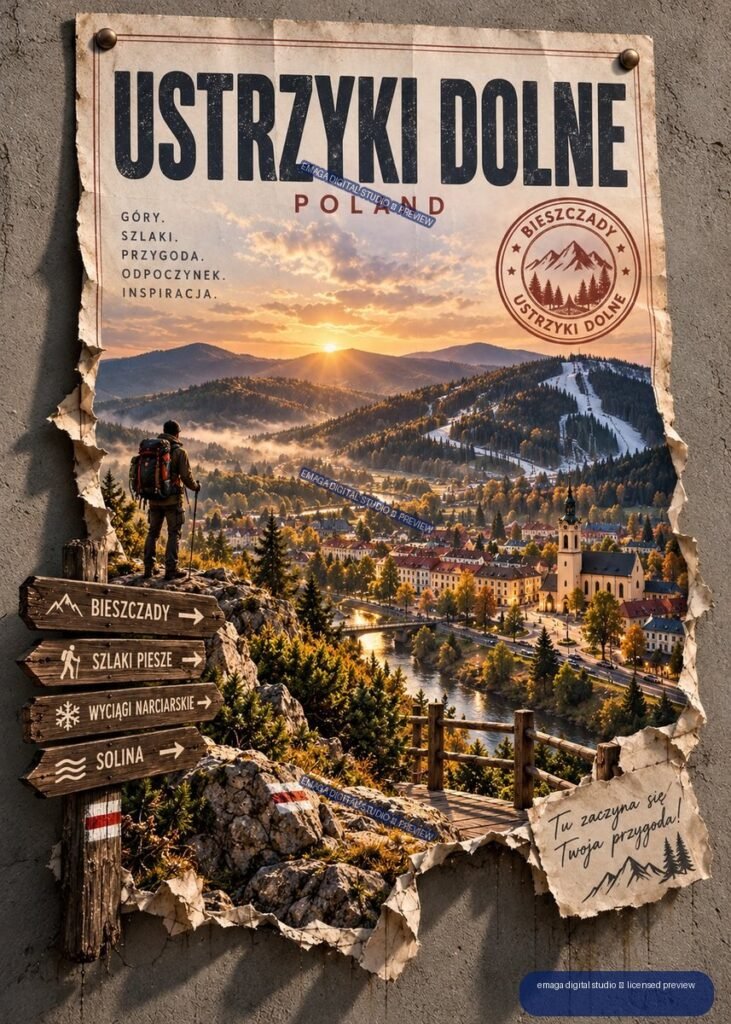 Vintage-style Ustrzyki Dolne Poland travel poster showing a hiker above a mountain valley town at sunrise, with directional trail signs and a circular Bieszczady emblem.