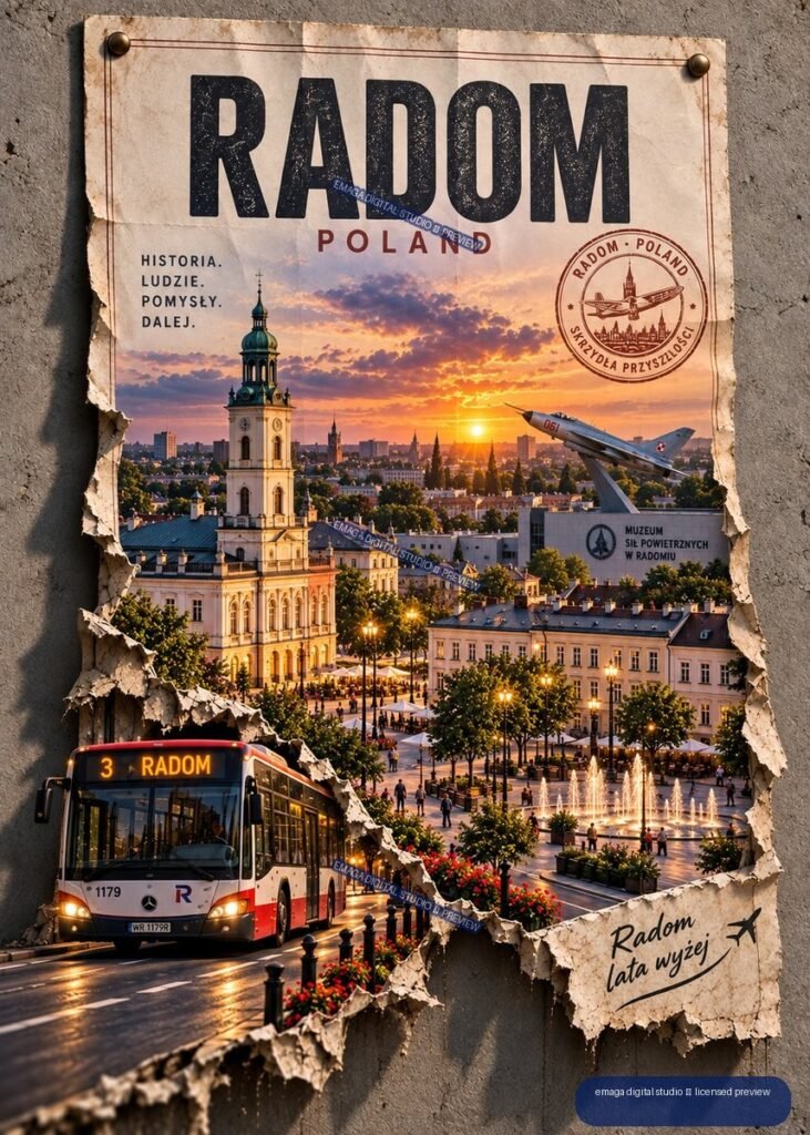 Weathered Radom Poland travel poster showing a sunset cityscape, church tower, bus, fountains, and displayed aircraft.
