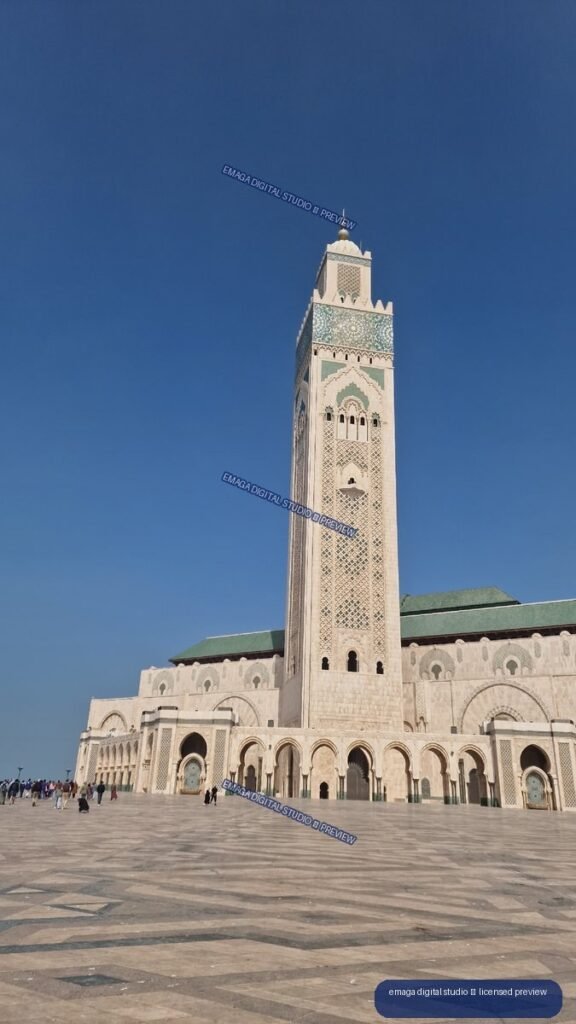 Ornate Mosque Exterior and Minaret in Casablanca, Morocco