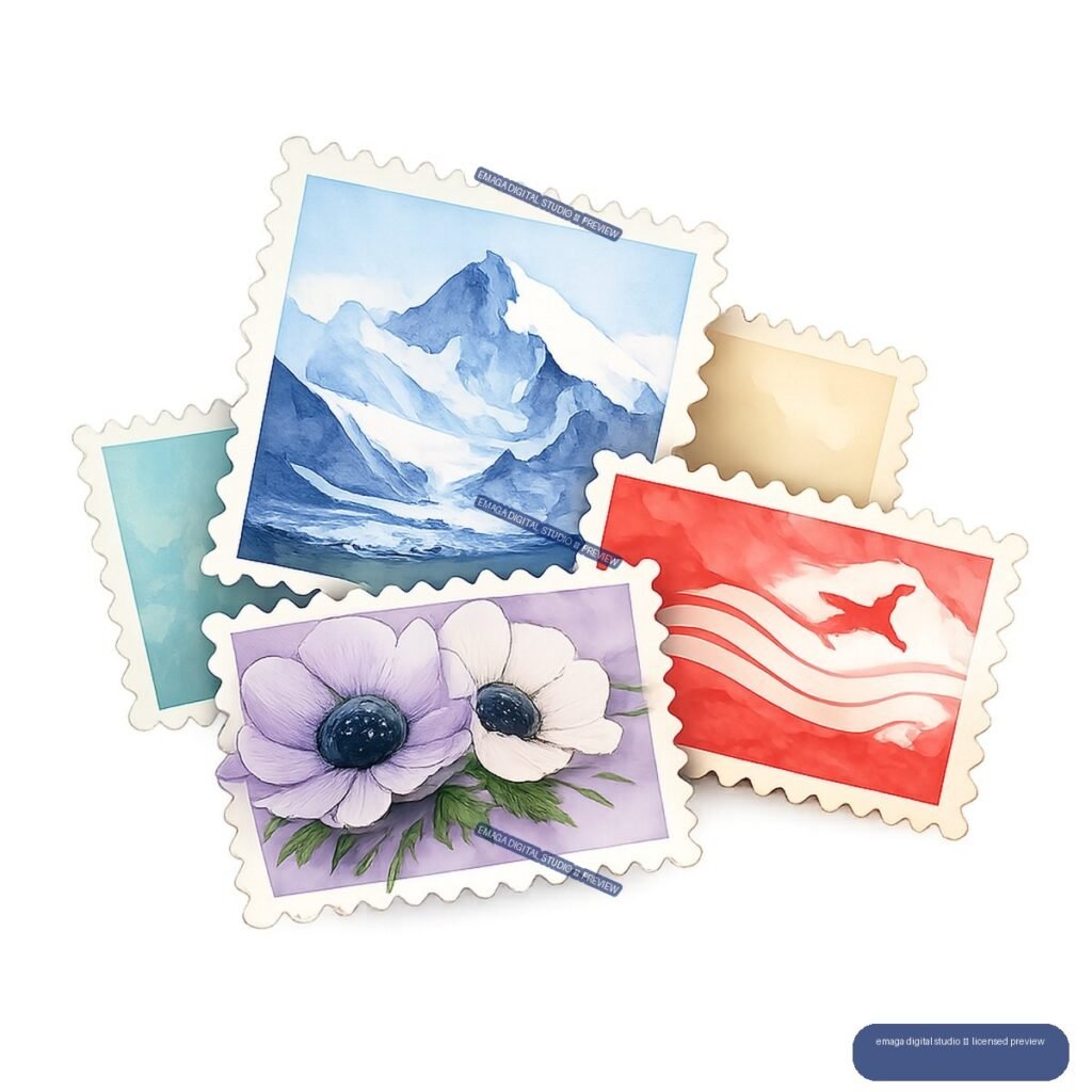 Four overlapping scalloped postage-stamp designs: a blue snowy mountain, purple and cream flowers, and abstract turquoise, cream, and red compositions.