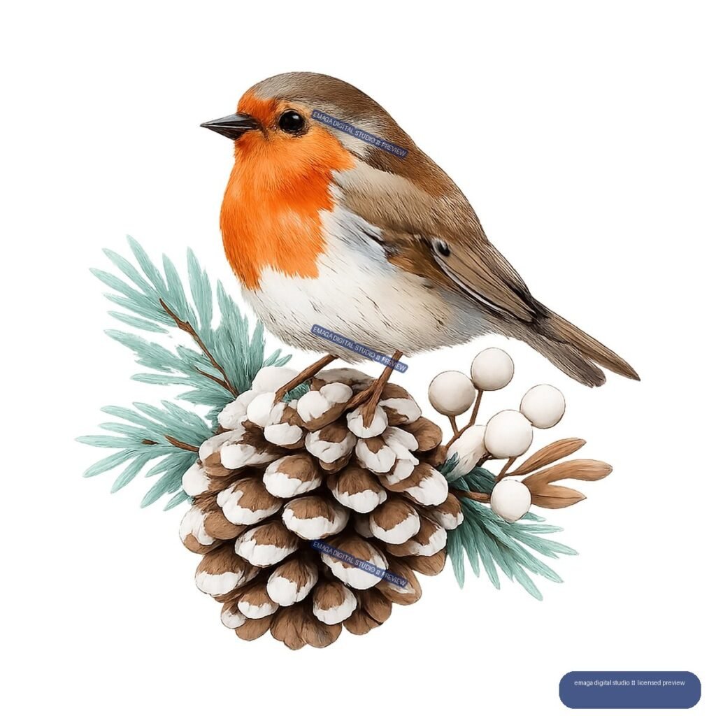 Watercolor-style robin with an orange breast perched on a pine cone among evergreen sprigs and white berries.
