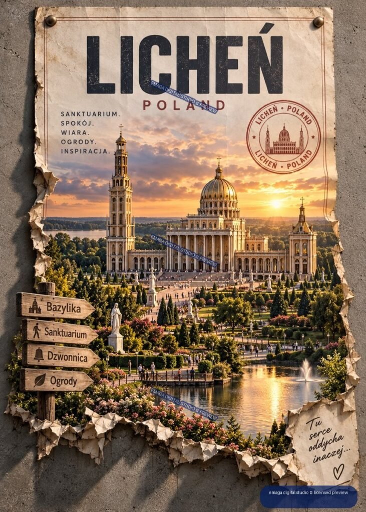 Vintage-style Licheń Poland travel poster showing a basilica, gardens, pond, sunset, directional signs, and weathered paper edges.