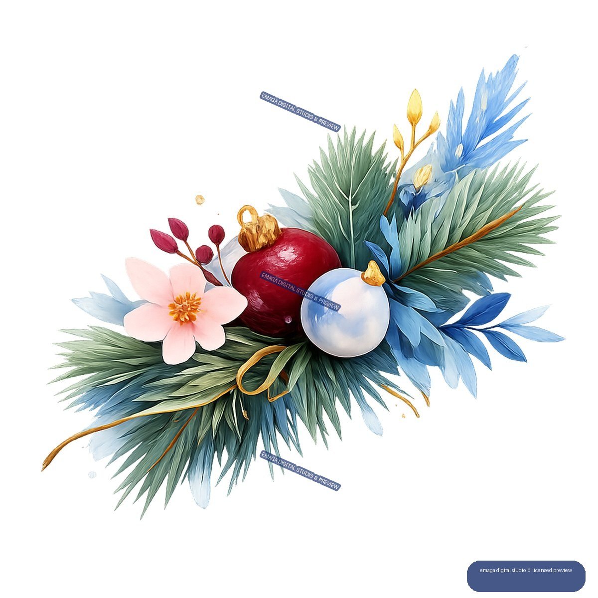 Watercolor-style winter floral arrangement with blue foliage, evergreen sprigs, pink flower, red and pale blue berries, and golden stems.