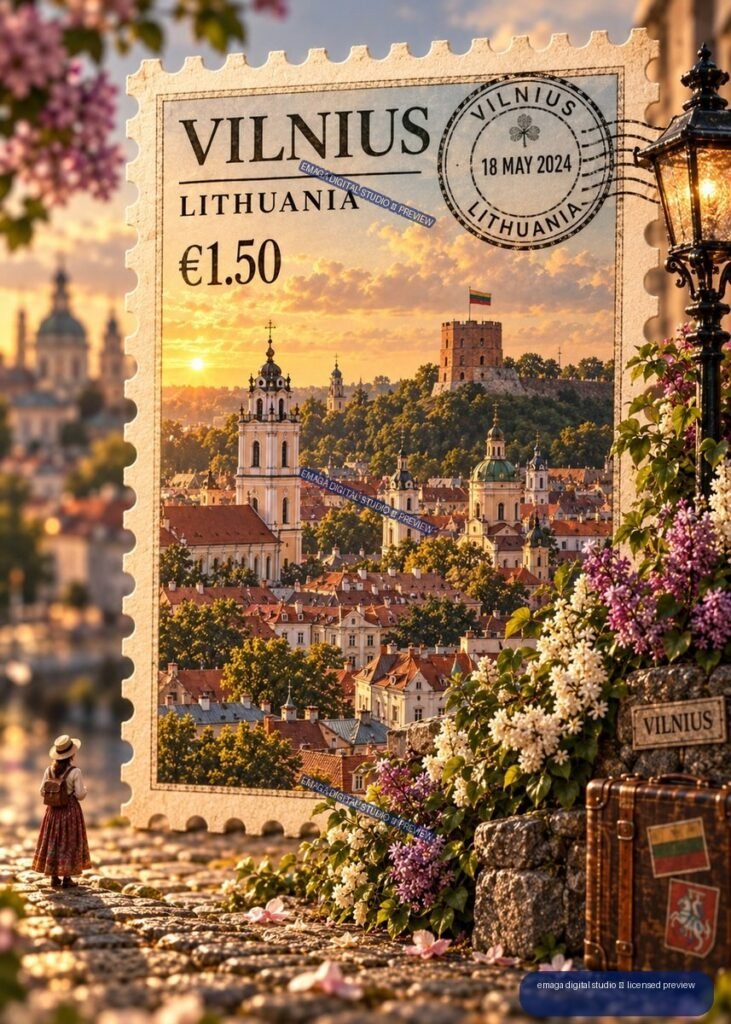 Decorative Vilnius Lithuania postage stamp with €1.50 denomination, dated postmark, sunset cityscape, flowers, street lamp, traveler, and suitcase.