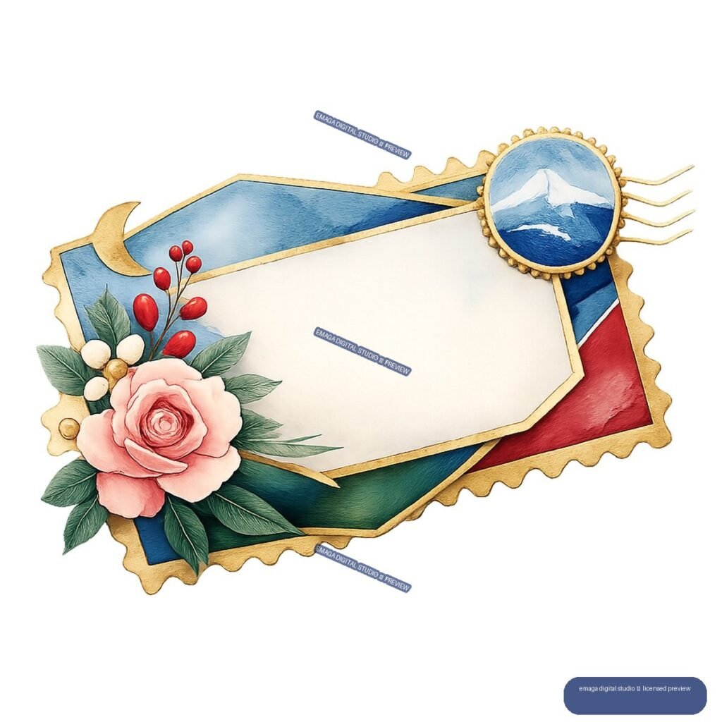 Decorative blue postage frame with a blank cream center, pink rose, red berries, green leaves, gold edging, and a blue mountain medallion.