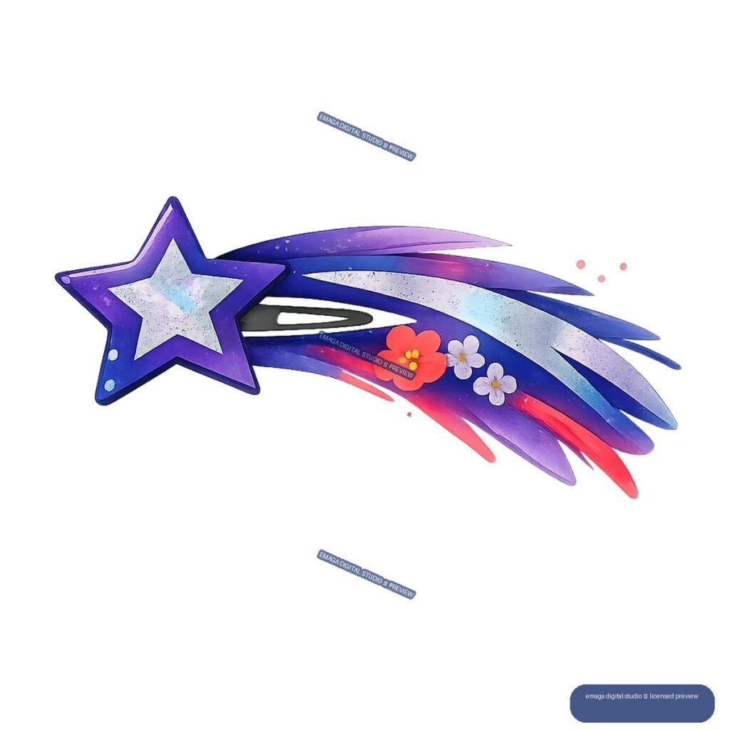 Purple star attached to colorful sweeping comet trails, decorated with three flowers and pink dots.