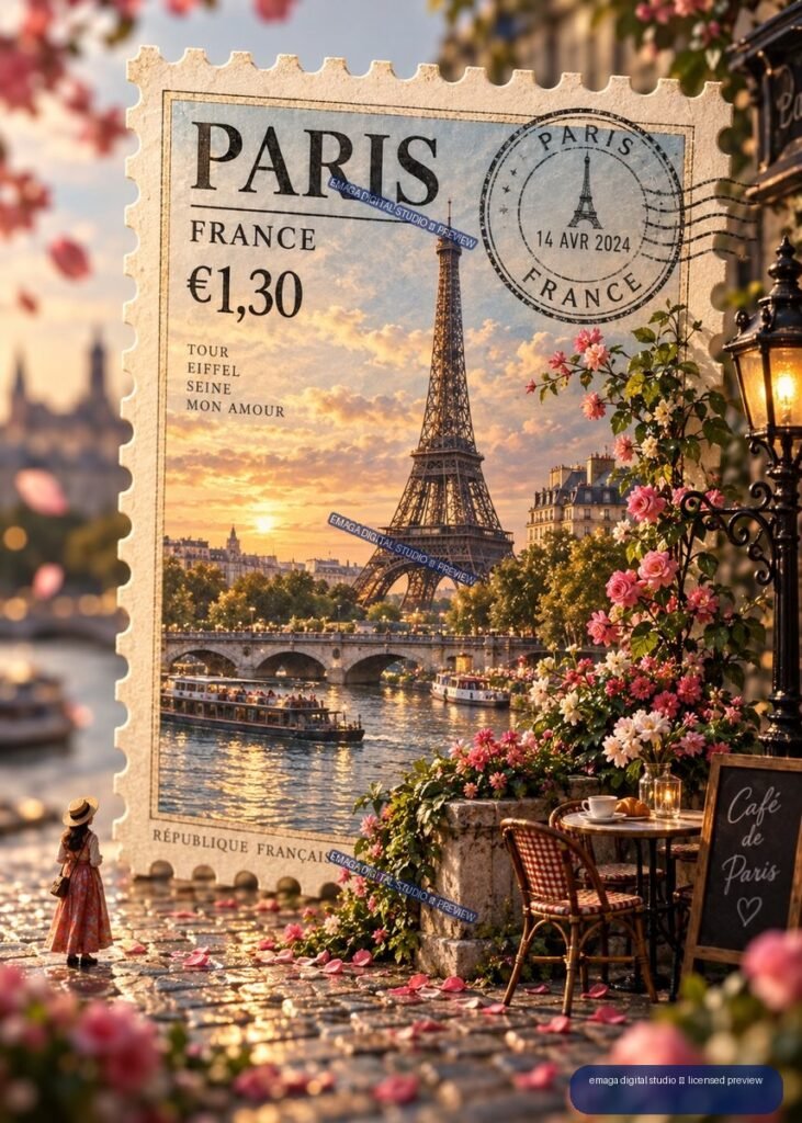 Vintage-style Paris postage stamp with Eiffel Tower, Seine boats, flowers, café table, and a figure on a reflective riverside street.
