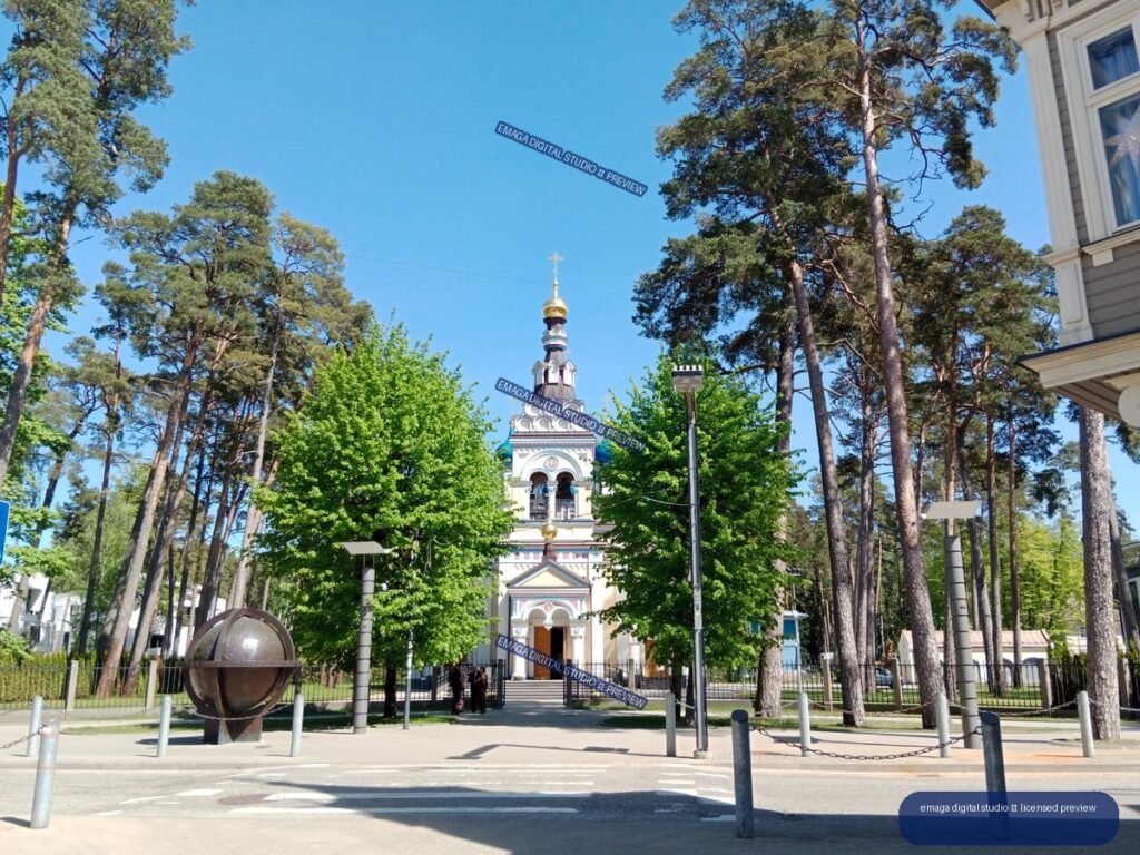 Church and Pine Trees in Jurmala, Latvia on a Sunny Day