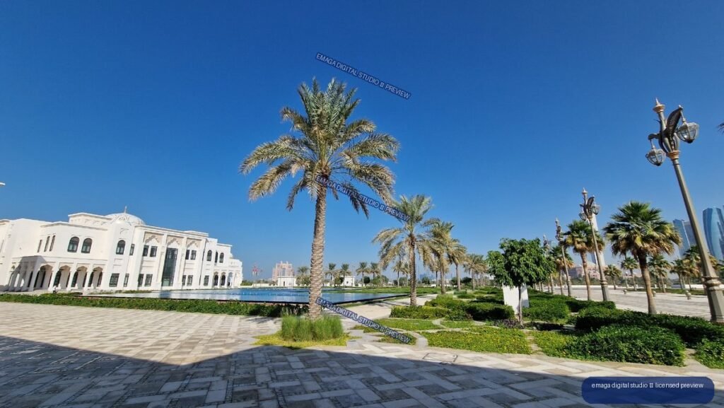 Qasr Al Watan in Abu Dhabi, United Arab Emirates, with Palm Trees