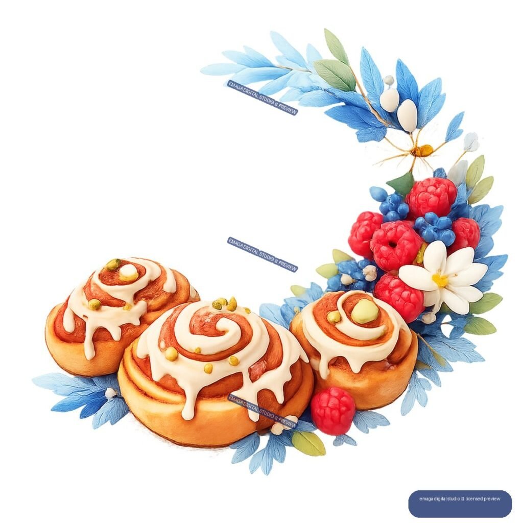 Three iced cinnamon rolls surrounded by blue leaves, white flowers, raspberries, and blueberries.