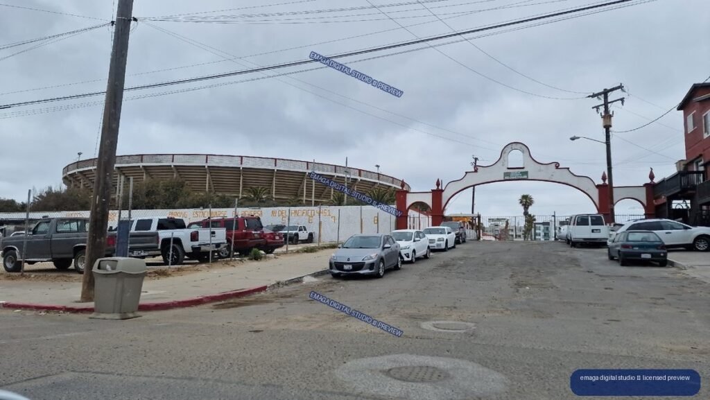 Urban stadium entrance and street scene in Tijuana, Mexico