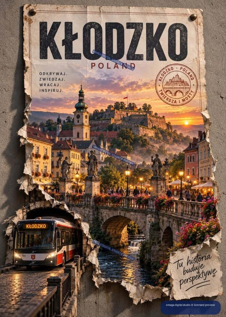 Vintage travel poster for Kłodzko, Poland, showing a sunset cityscape, fortress, church, bridge, flowers, river, and city bus.